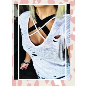 3866) Mauve & Mallow White V Neck Criss Cross Distressed Tee Size XL